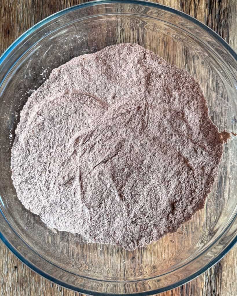 Dry ingredients for a chocolate cake with hazelnuts recipe.