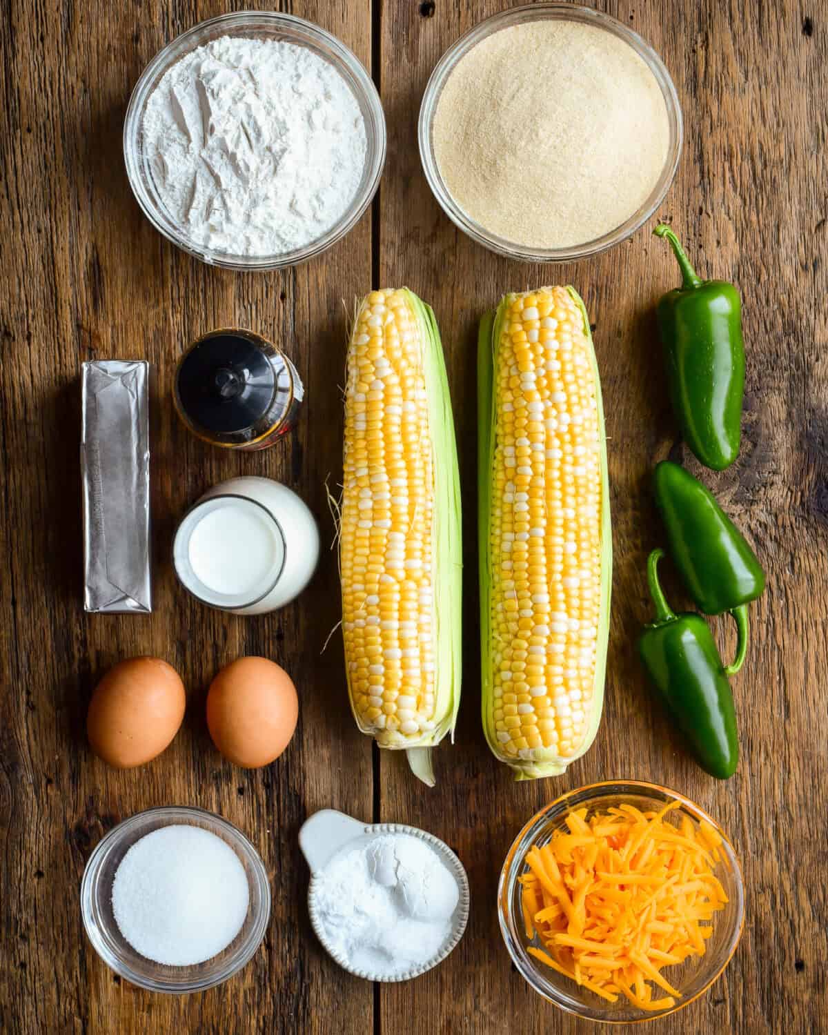 Ingredients for a jalapeno and cheddar cornbread recipe,