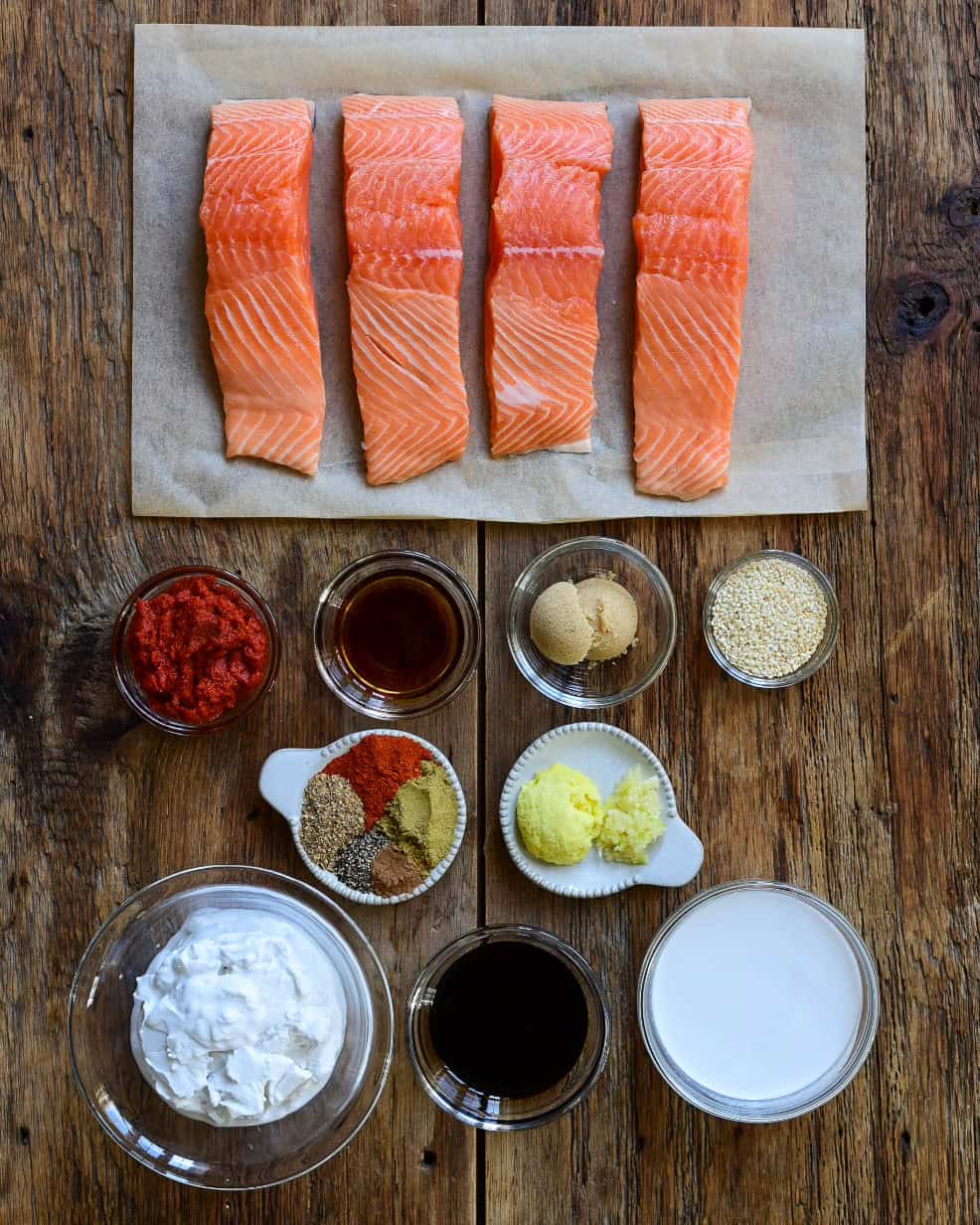 Ingredients for a salmon in coconut curry sauce with rice.
