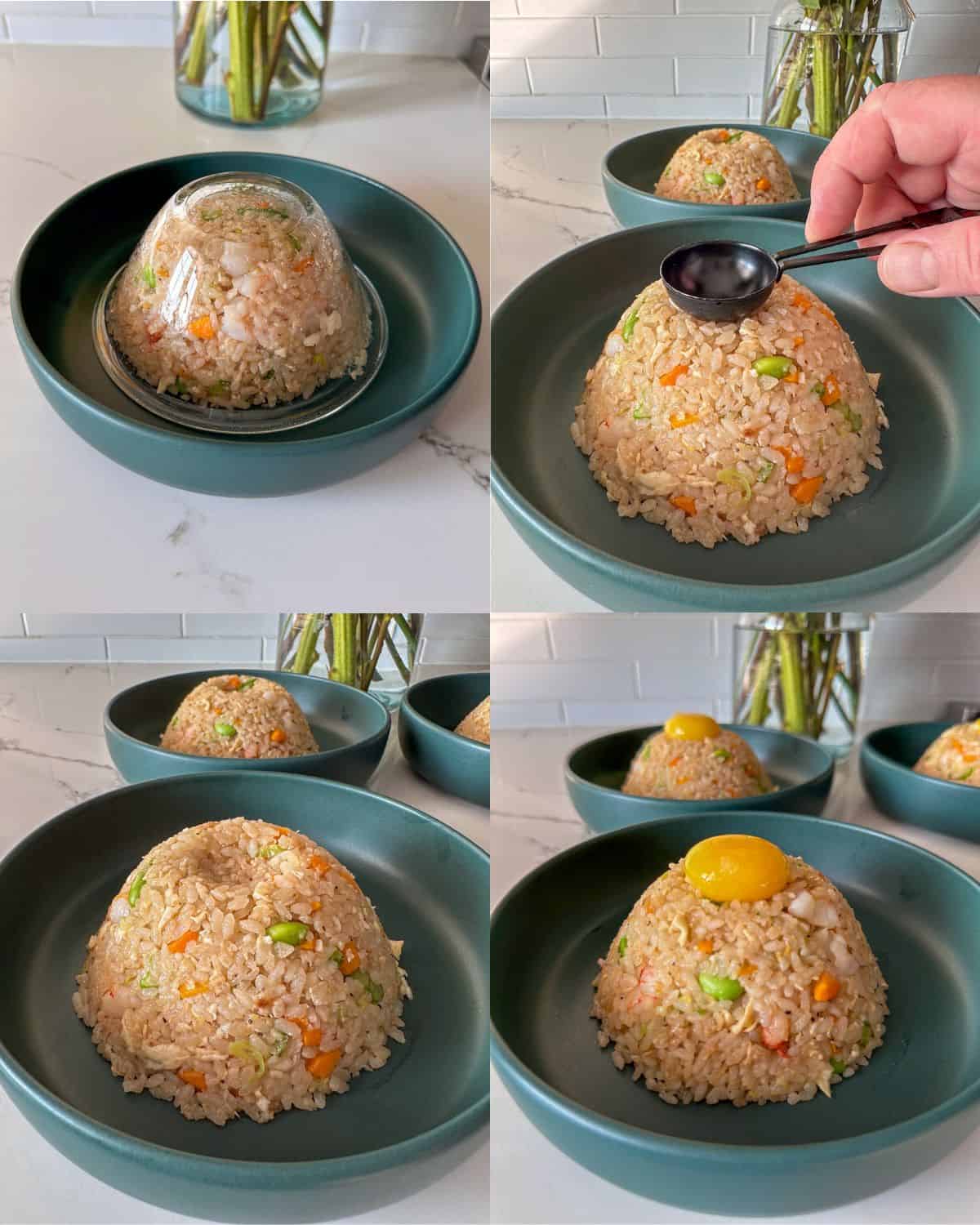 Invert a bowl of rice into another bowl, make an indent and place a confit egg into the indent.