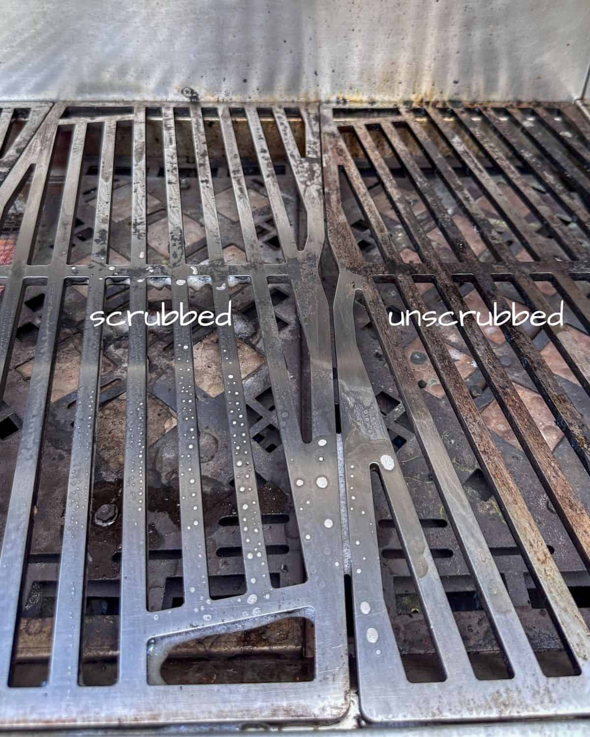 How to clean gas grill grates - one side scrubbed with griddle cleaning pads on one side.