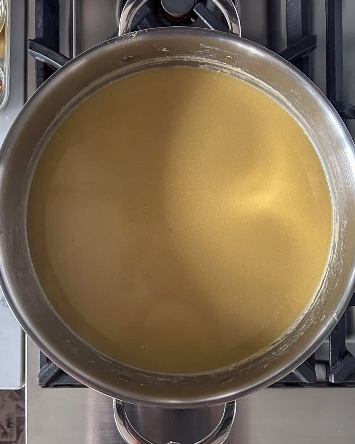 Simmer cashew milk and stock.