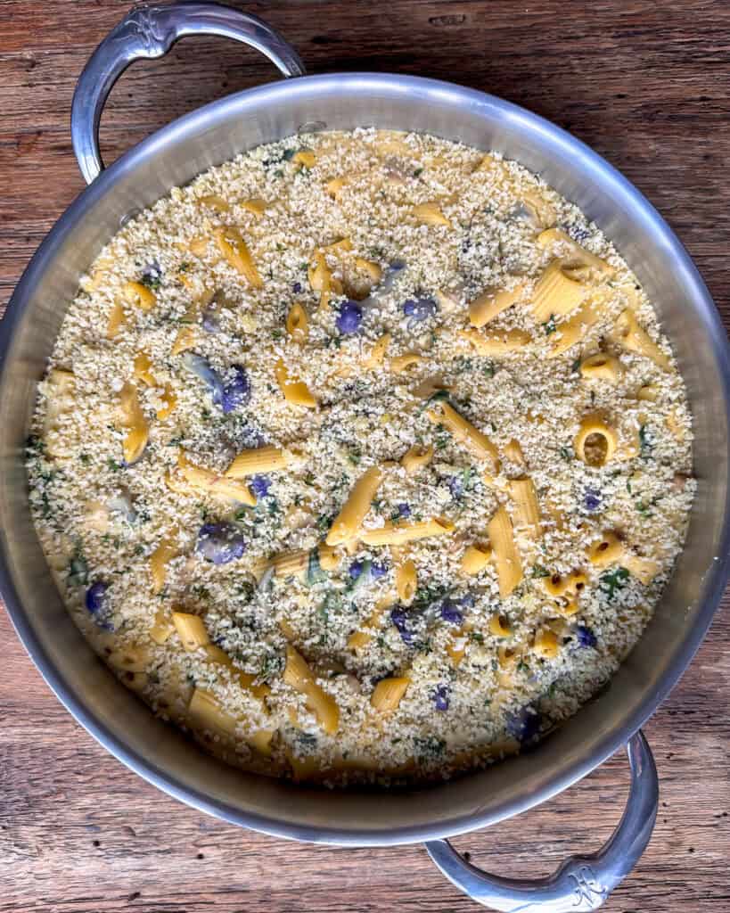 Vegan Cauliflower Pasta Bake with the panko topping ready to get baked.