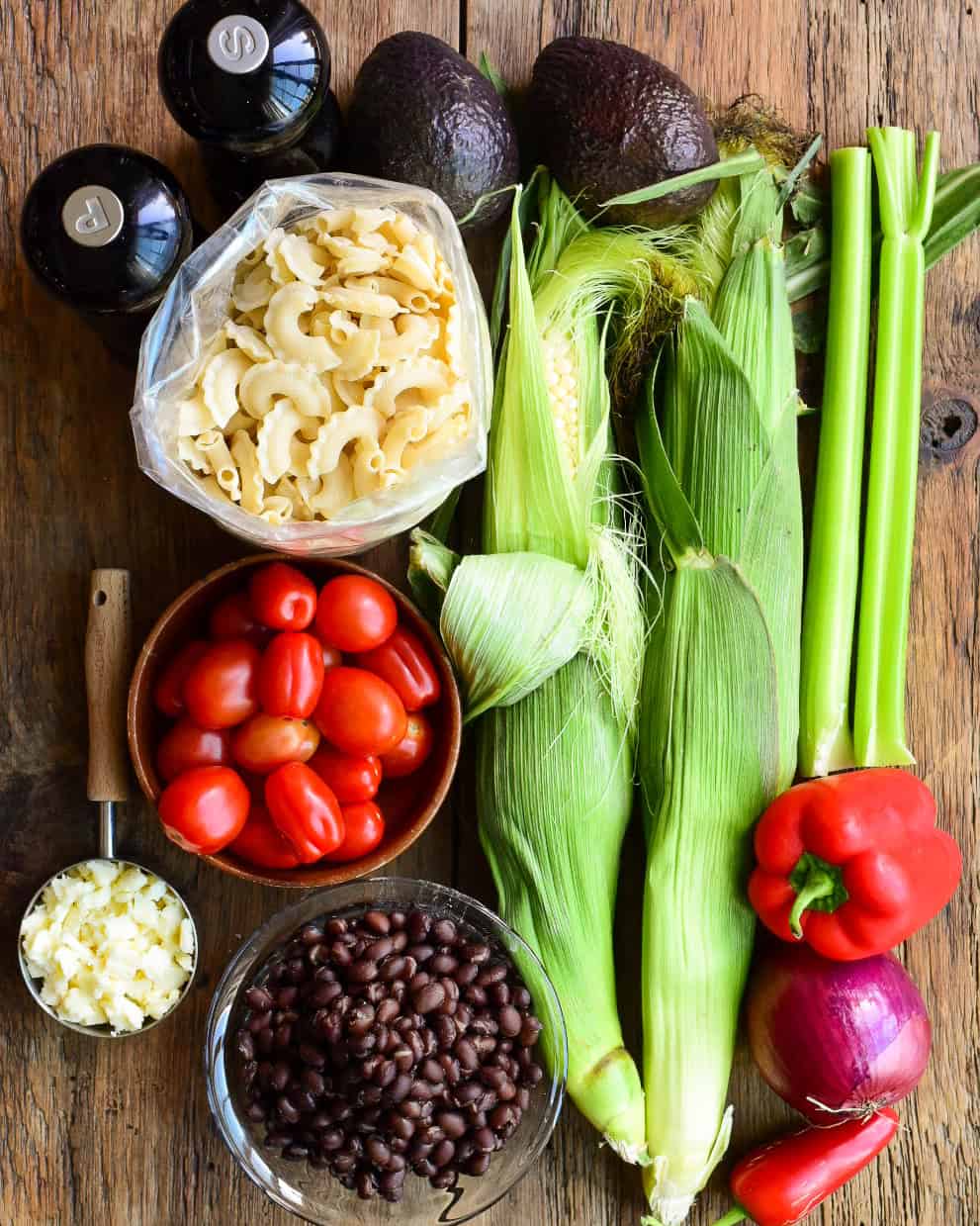 Ingredients for a Mexican macaroni salad recipe.