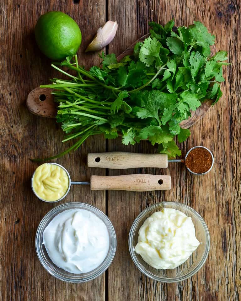 Ingredients for a dressing for a Mexican macaroni salad recipe.
