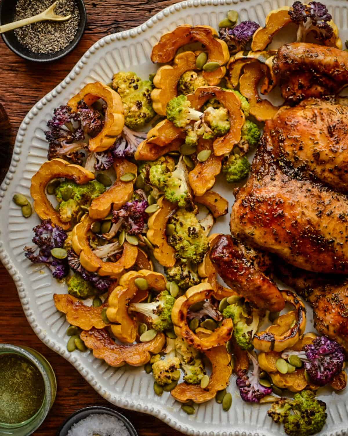 A colourful platter of Roasted Delicata Squash & Cauliflower.
