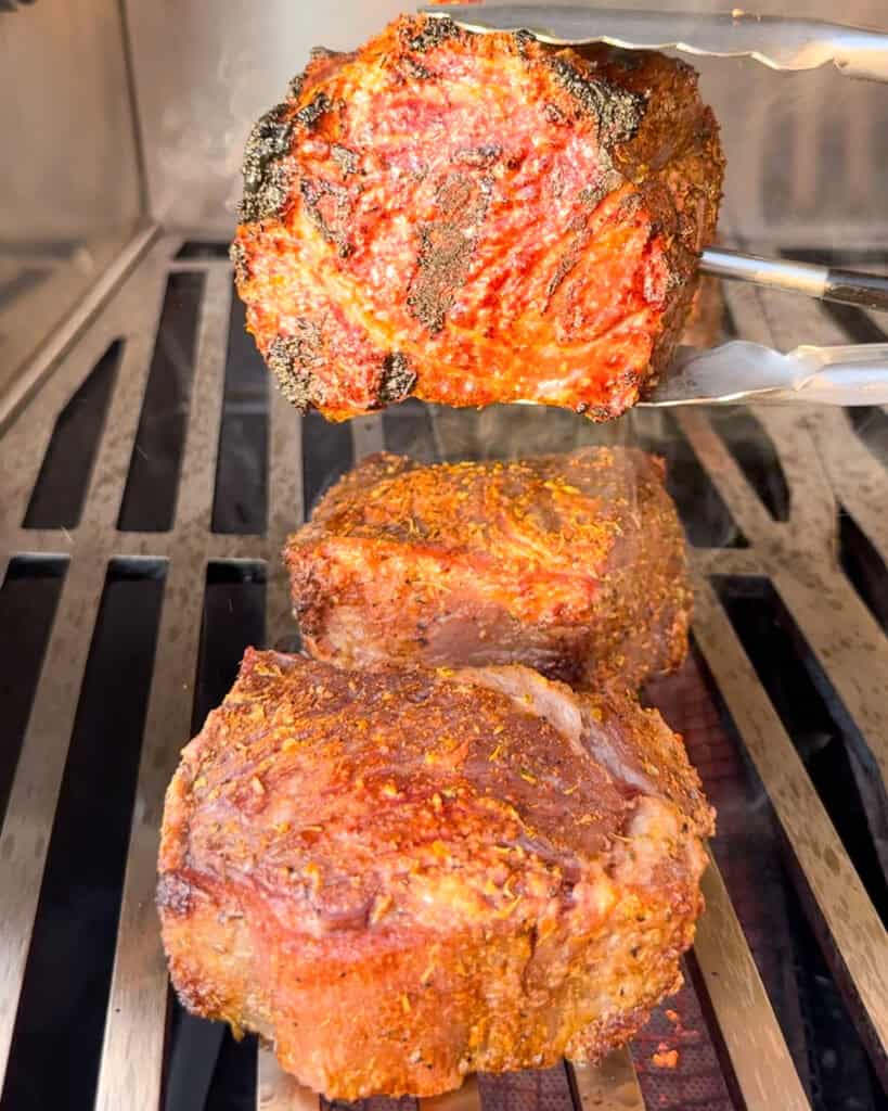 Sear the steaks for about one minute per side until slightly charred.