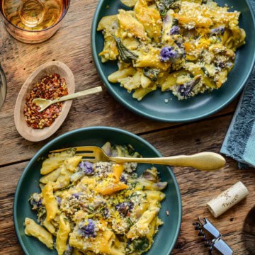 Two bowls of a vegan cauliflower pasta bake.