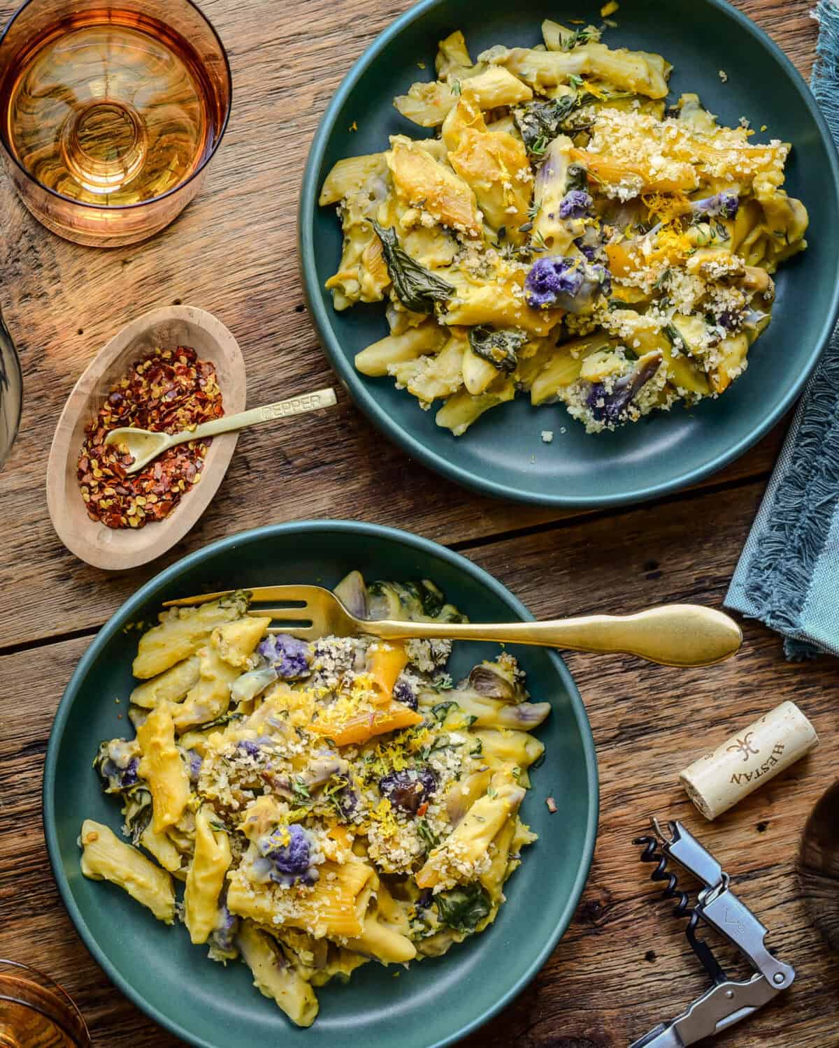 Two bowls of a vegan cauliflower pasta bake.