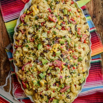 A large platter of a Mexican Macaroni Salad.