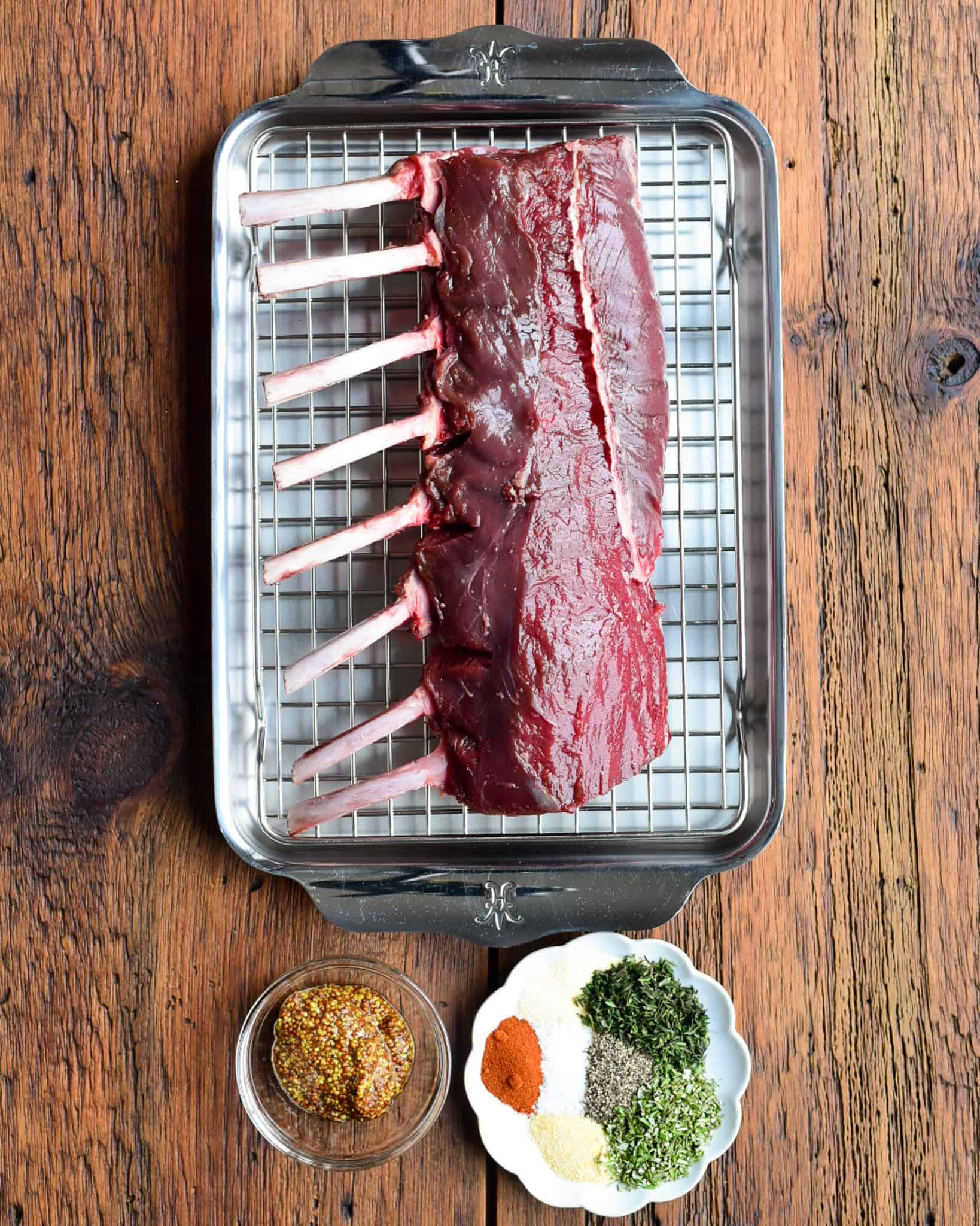 Ingredients for a venison rib rack recipe.
