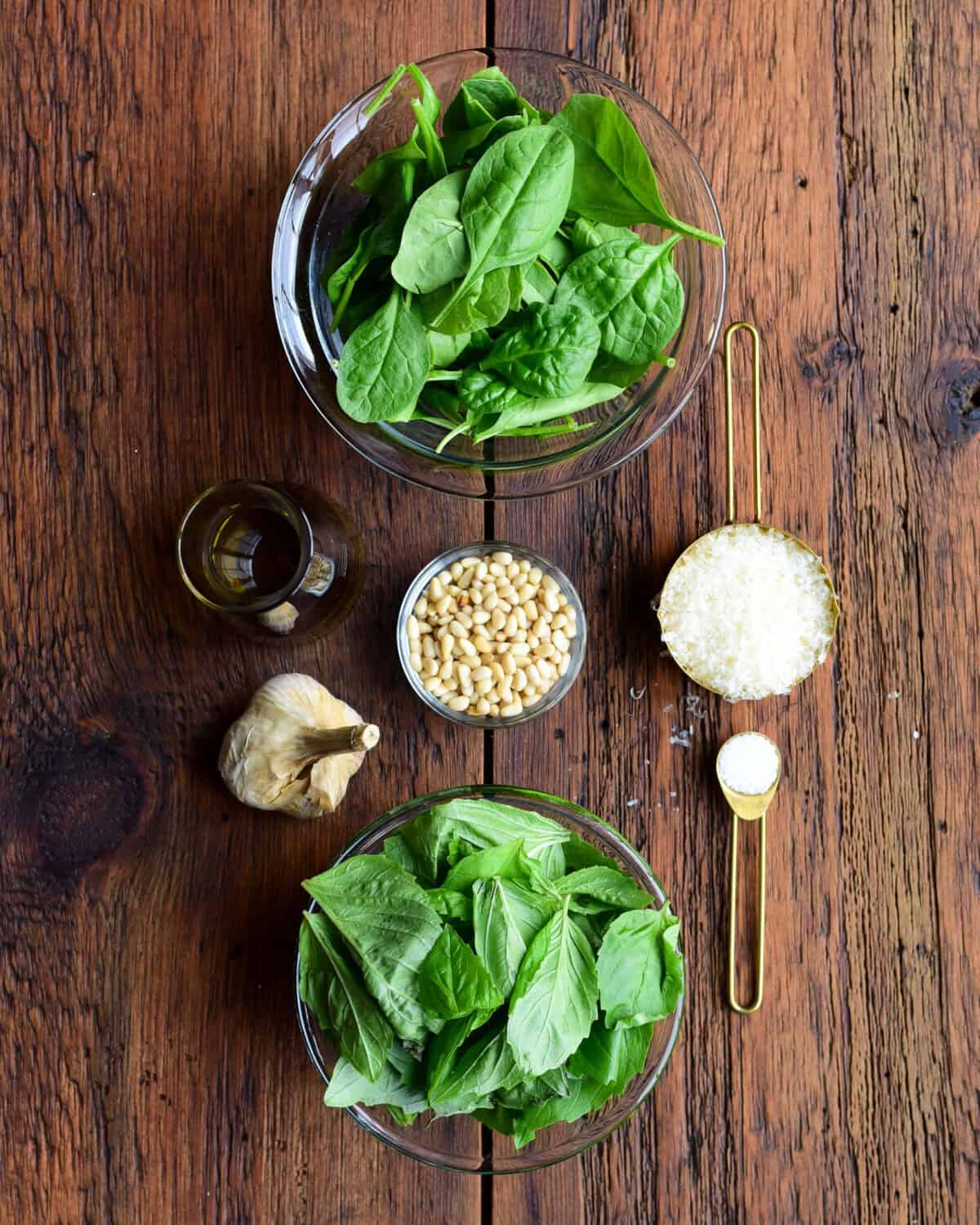 Pesto ingredients for a baked pasta recipe.