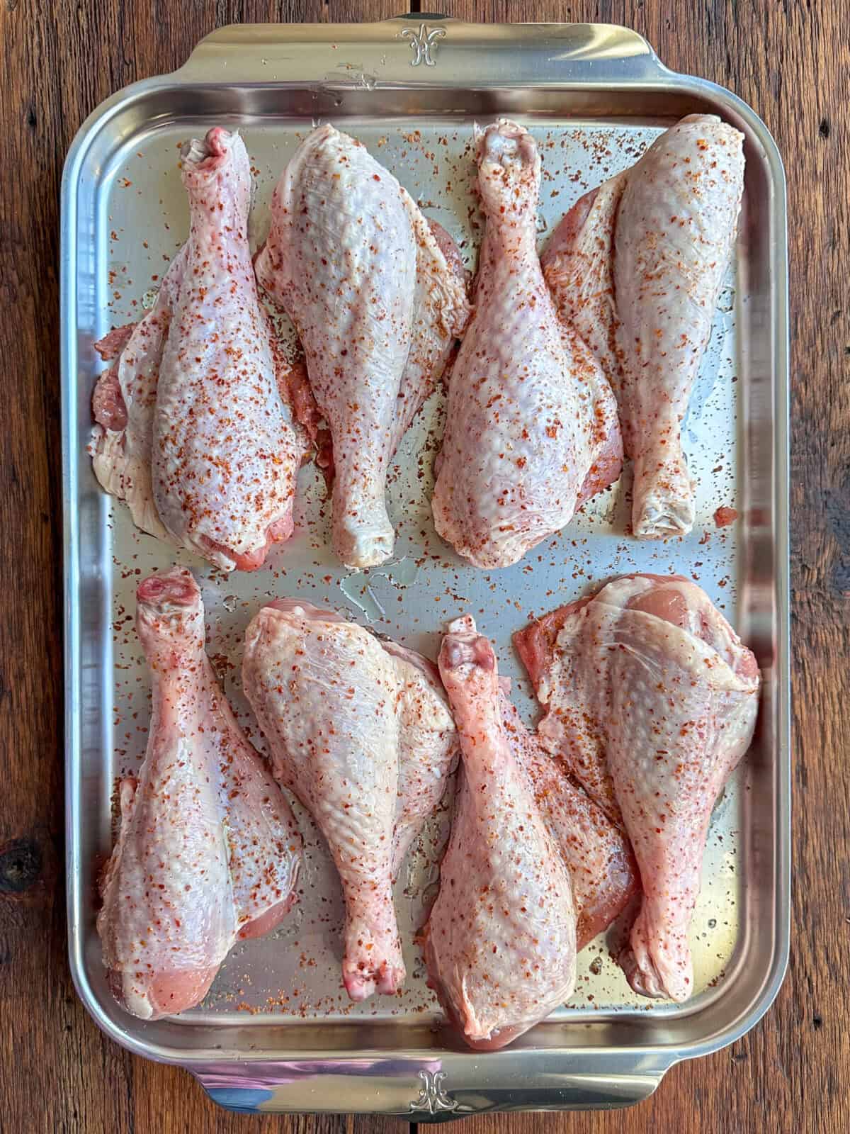 Generously coat each leg with your favourite dry rub, ensuring even coverage on both sides.