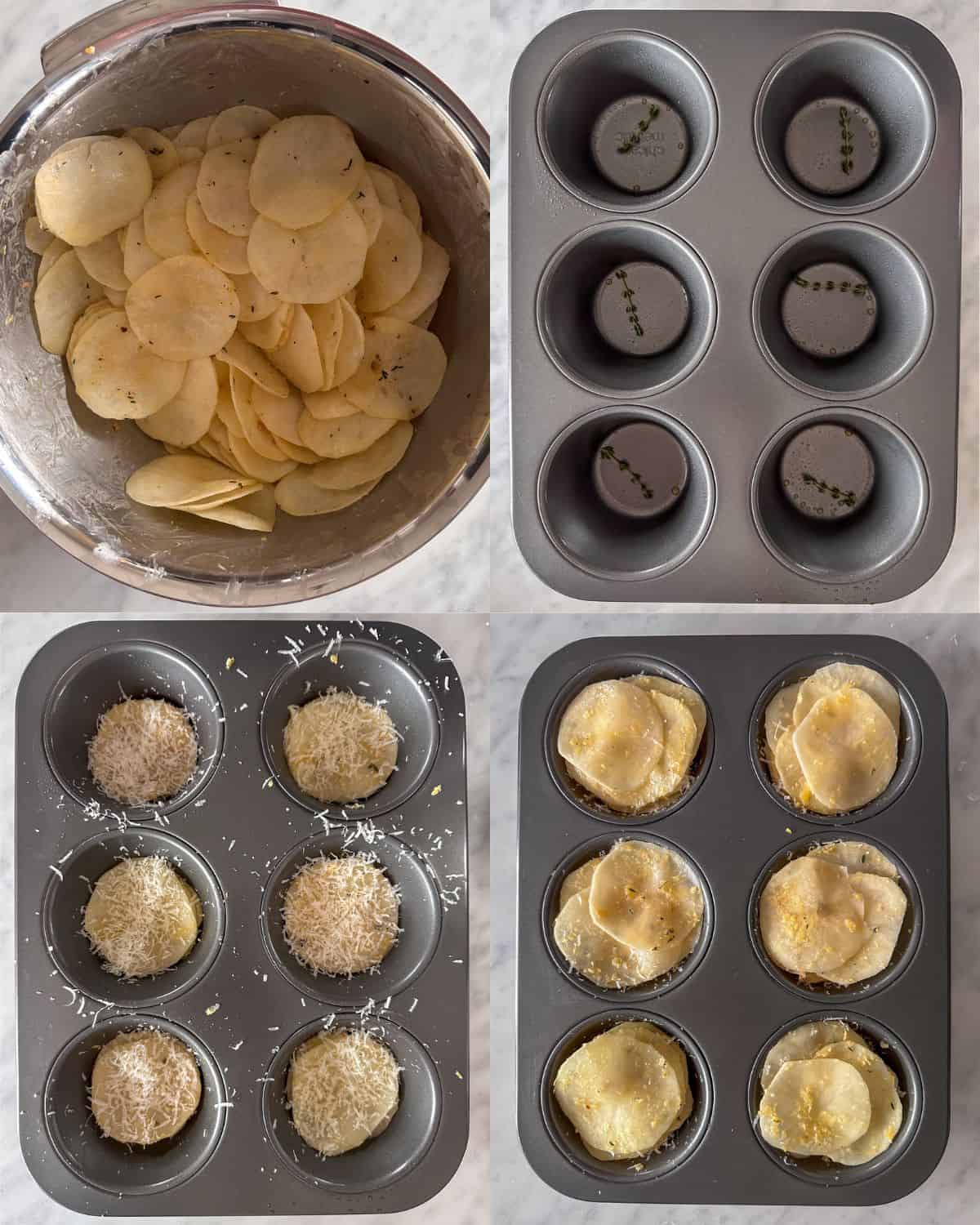 Steps on how to assemble crispy potato stacks.