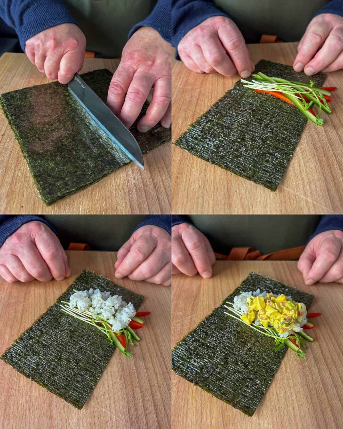 How to roll temaki - Lay a half sheet of roasted seaweed, smooth side, down on a clean work surface.
Spread a few julienned cucumbers, red pepper strips, and pea shoots at one inch from the end of the seaweed. Next add a spoonful of rice, followed by a spoonful of egg salad.