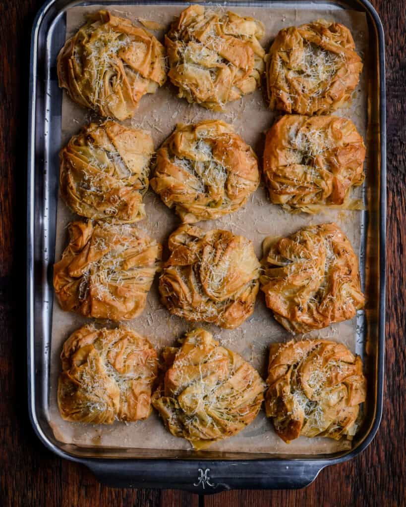 Crispy, golden brown surf and turf phyllo bundles.