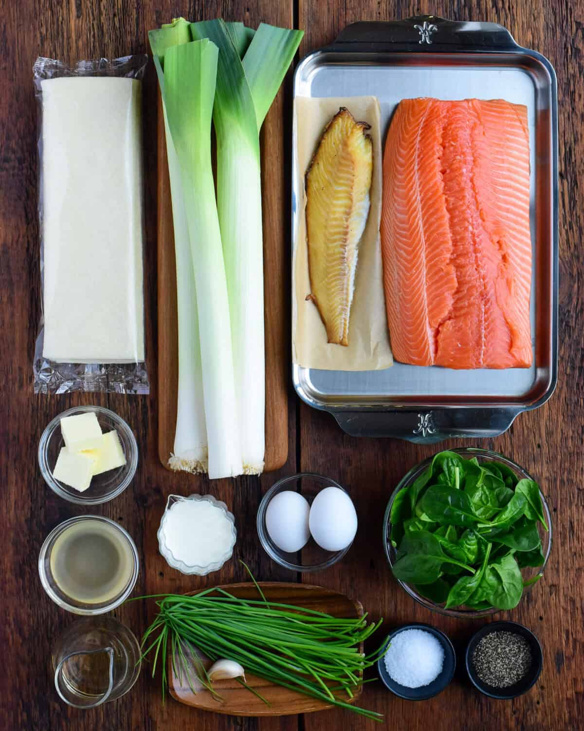 Ingredients for a salmon and leek wellington.