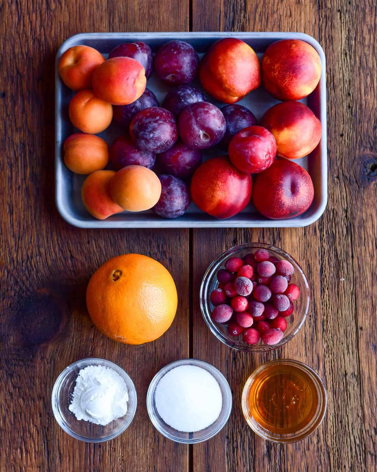 Ingredients for a stone fruit crisp recipe.