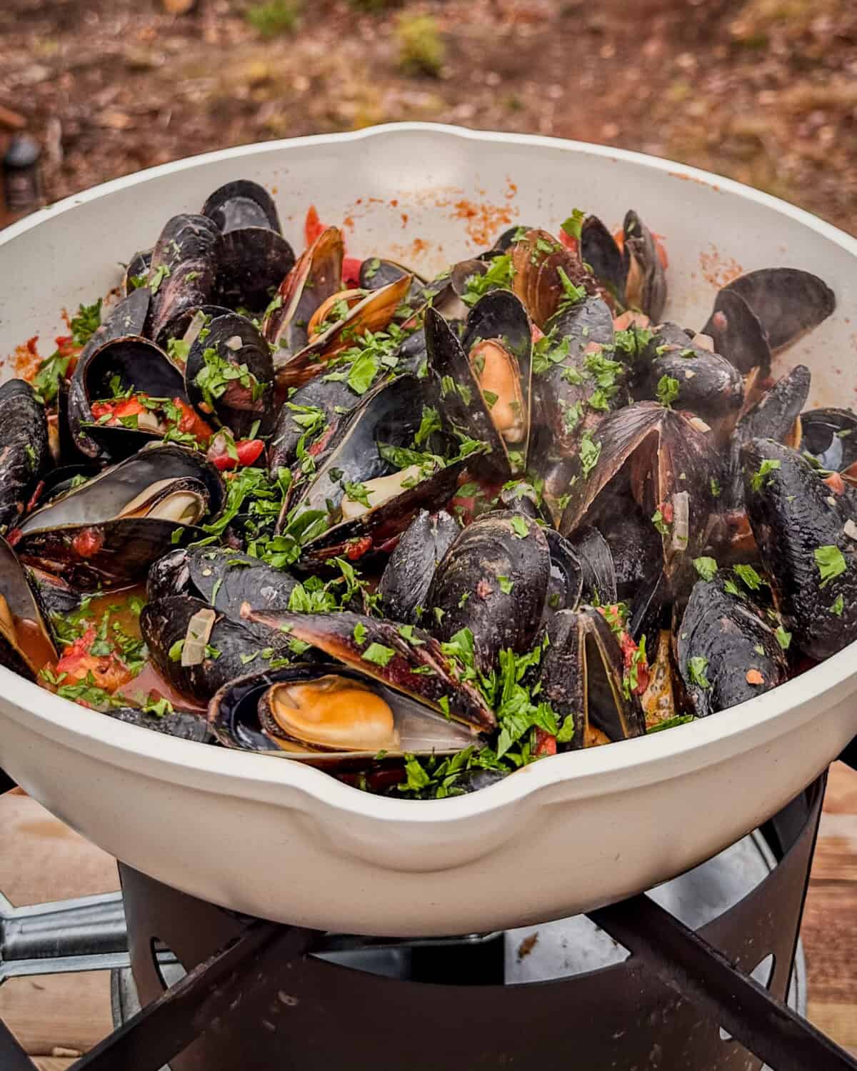 PEI Steamed mussels in white wine and tomato sauce with a squeeze fresh lemon juice & sprinkle with chopped parsley.