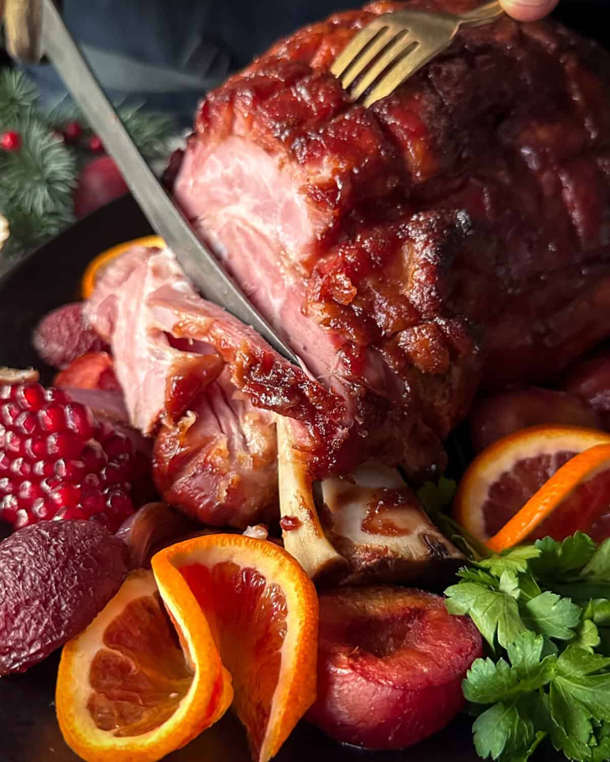 A sliced glazed ham for Christmas.