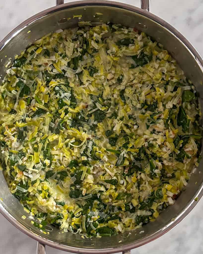 Leek filling for a salmon wellington with leeks.