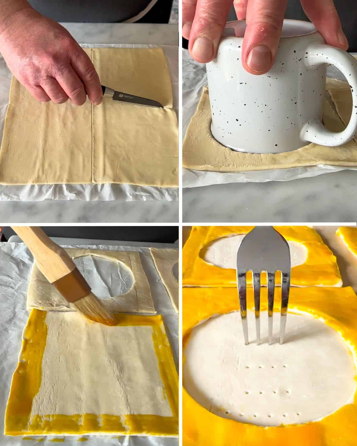 Cut, shape, egg wash and fork the pastry.