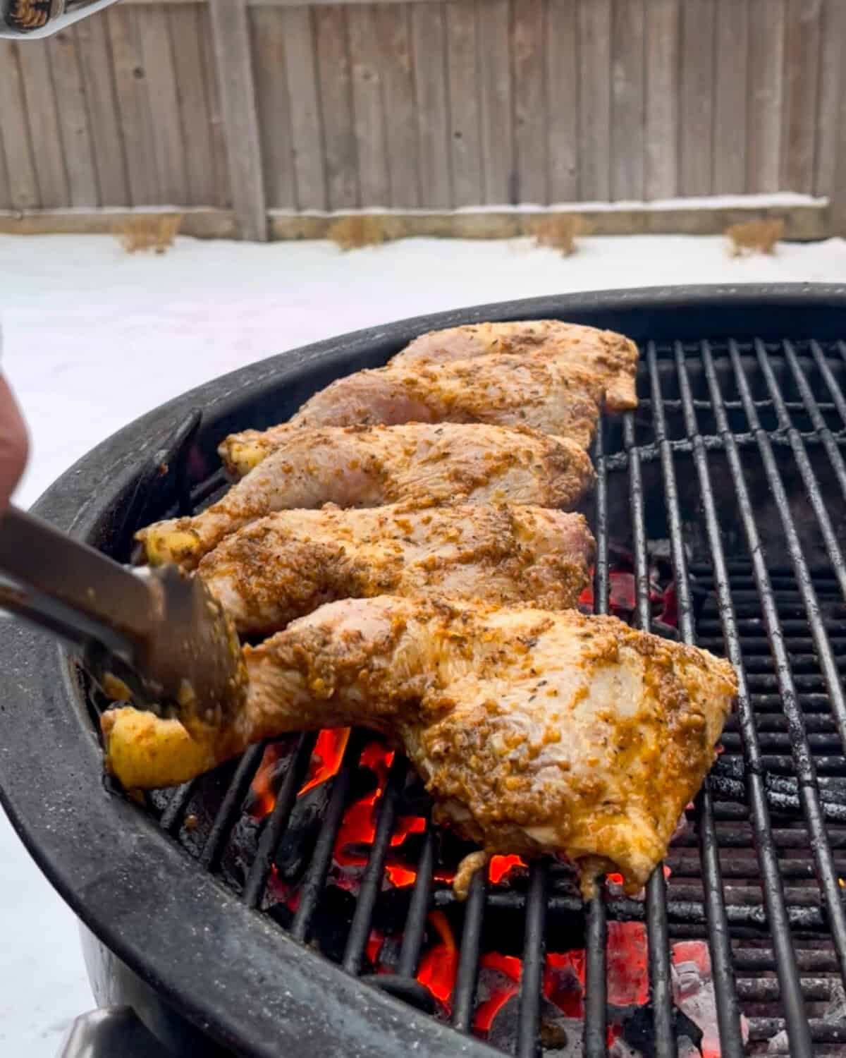 Place the marinated chicken, skin side up, over direct heat for 4-6 minutes until slightly charred.