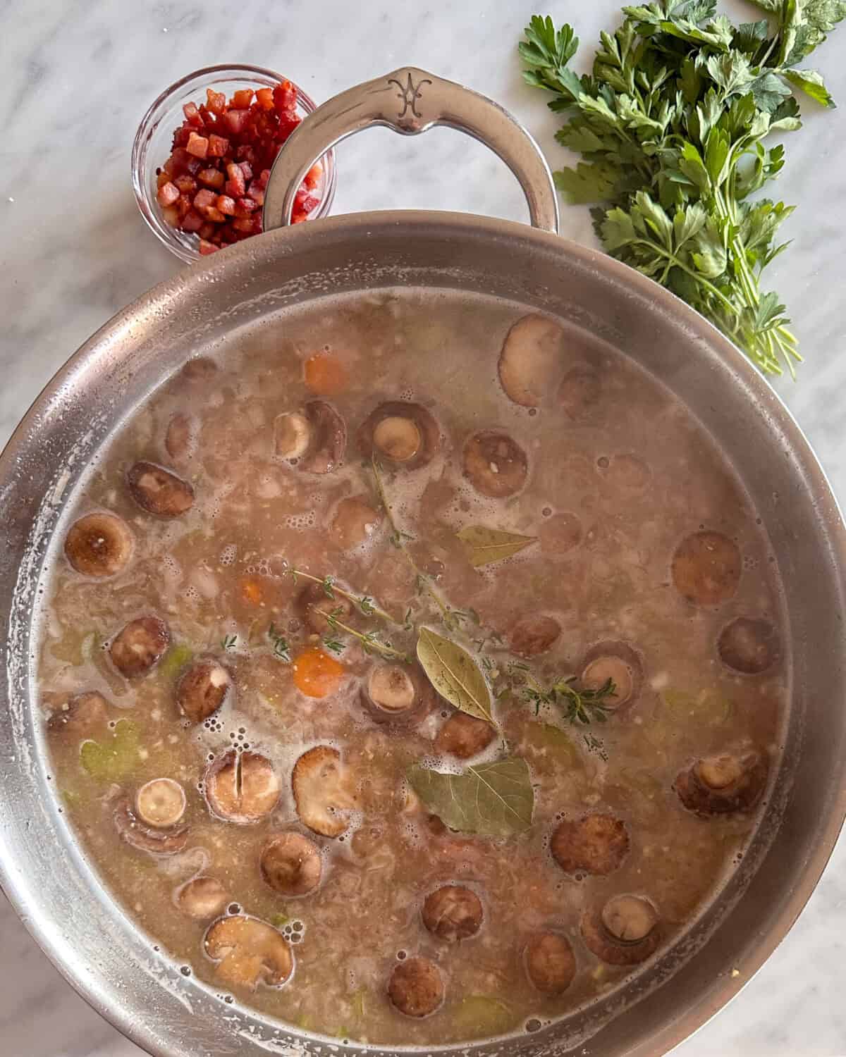 Stir in chicken stock, Dijon mustard, thyme sprigs, and bay leaves into the Turkey Au Vin Rosé.
