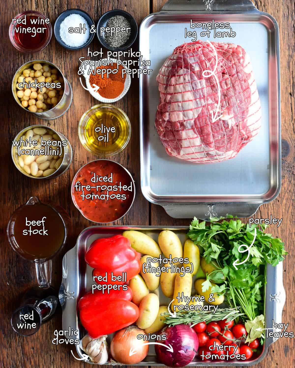 Ingredients for a Spanish style lamb stew recipe.