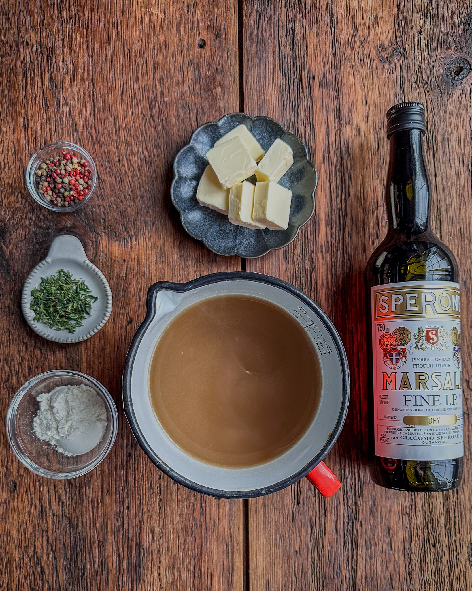 Ingredients for a Marsala Peppercorn sauce recipe.