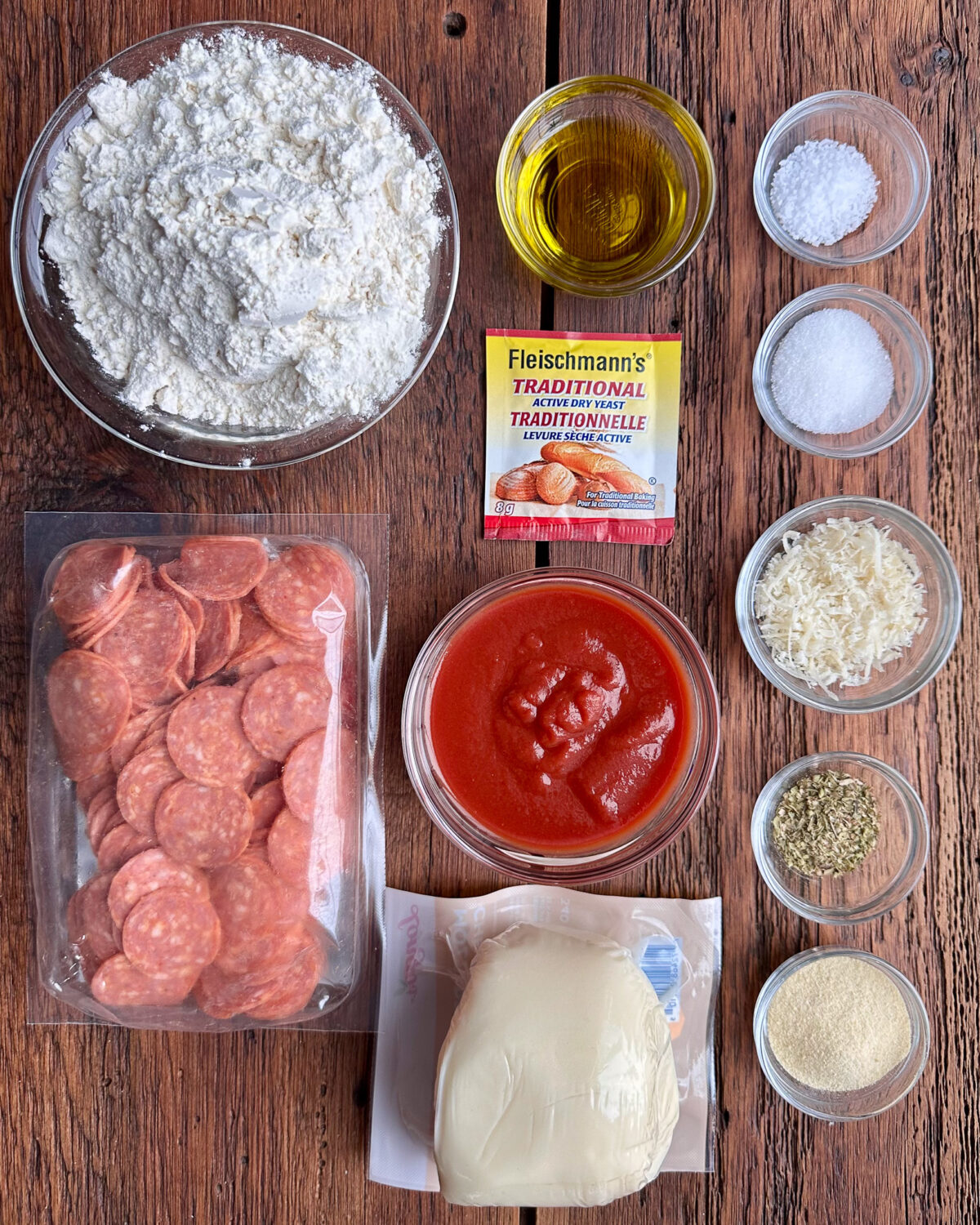 Ingredients for a quick sheet pan pizza dough recipe.