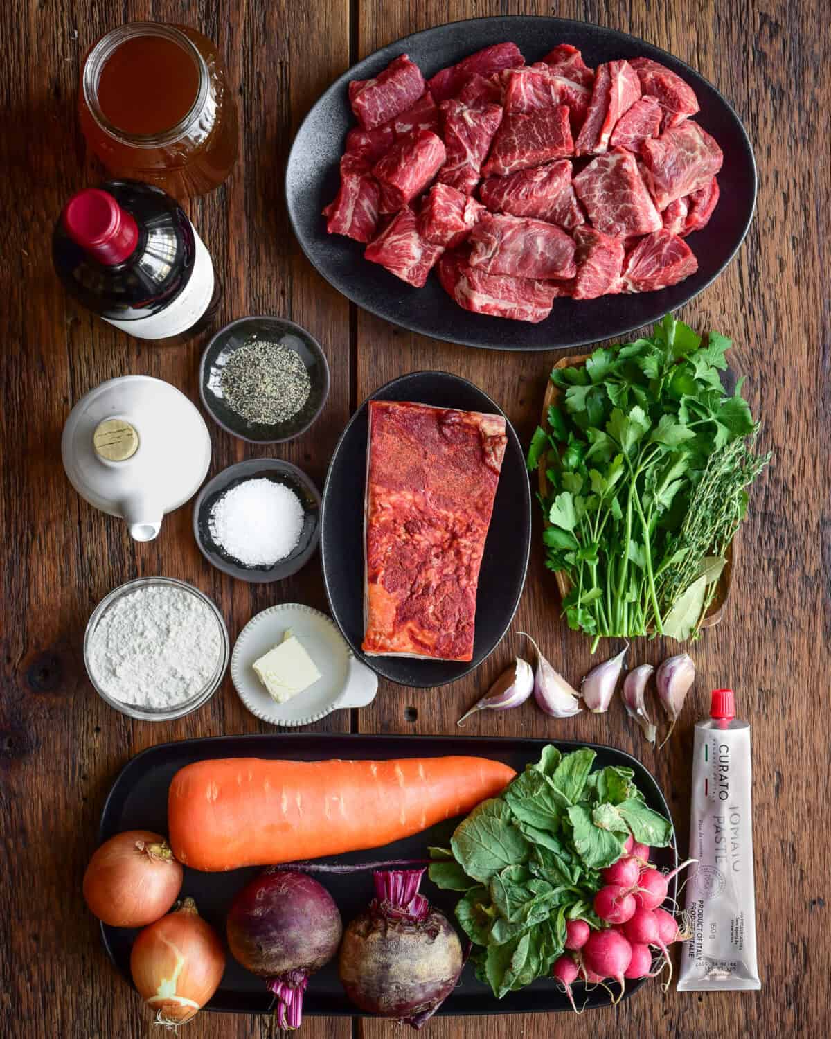 Ingredients for a classic beef bourguignon recipe.