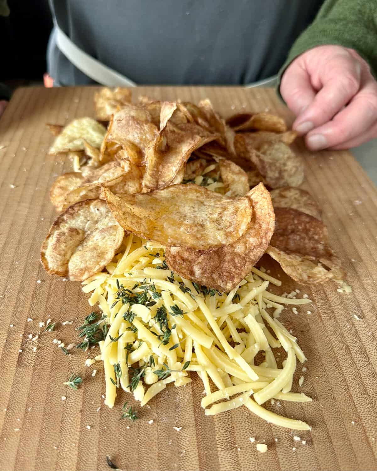 Chop the cheese chip herb topping.