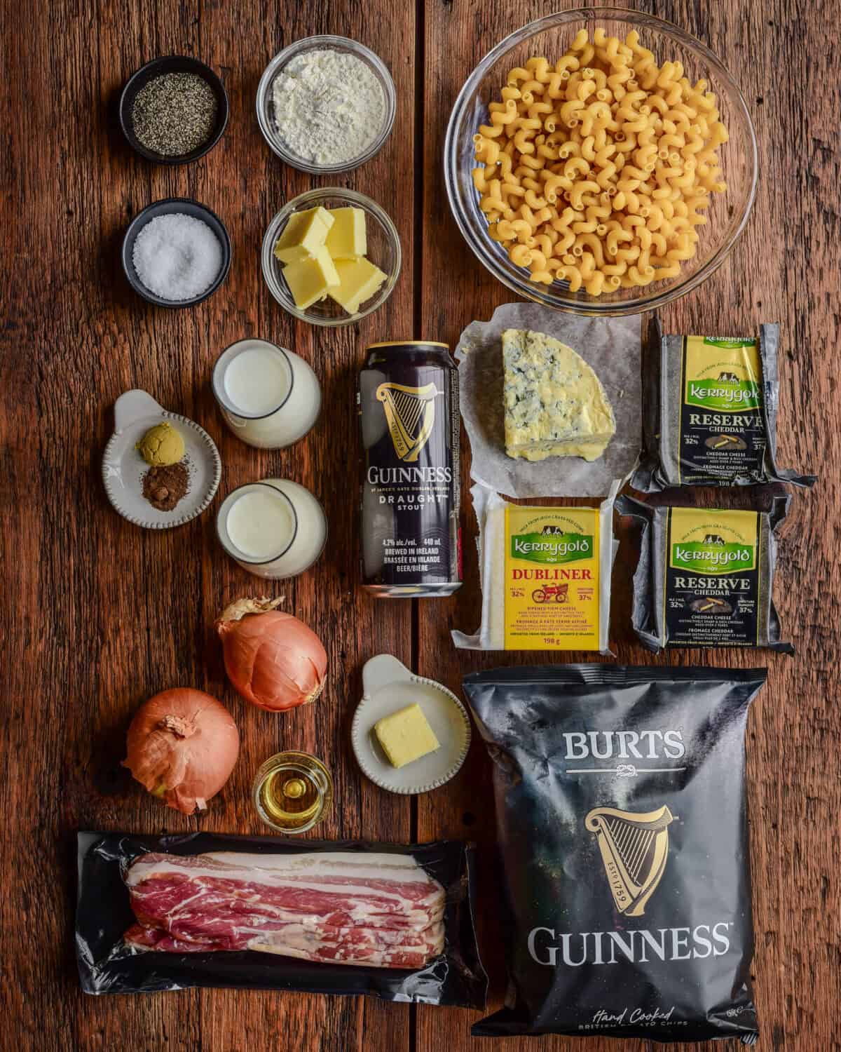 Ingredients for a Guinness Mac and Cheese recipe.