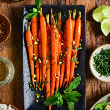 Spiced honey-roasted carrots topped with mint and pistachios.