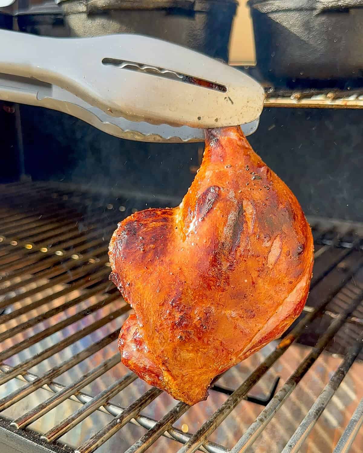A close-up of a seared and smoked duck leg.