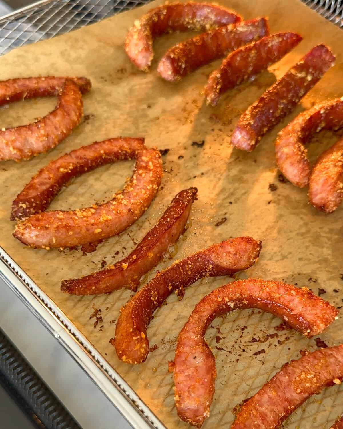 Cooked air fryer kielbasa fries.