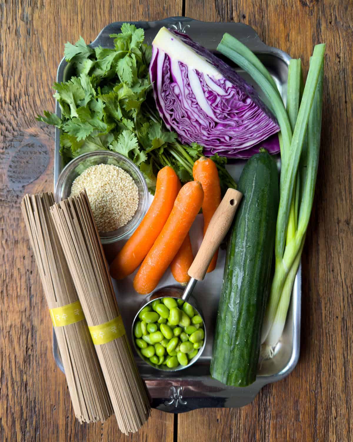 Ingredients for a cold soba noodle salad dressing.