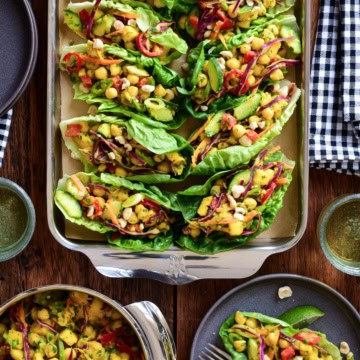 Curried Coconut Chickpea and Mango Salad served in lettuce wraps.