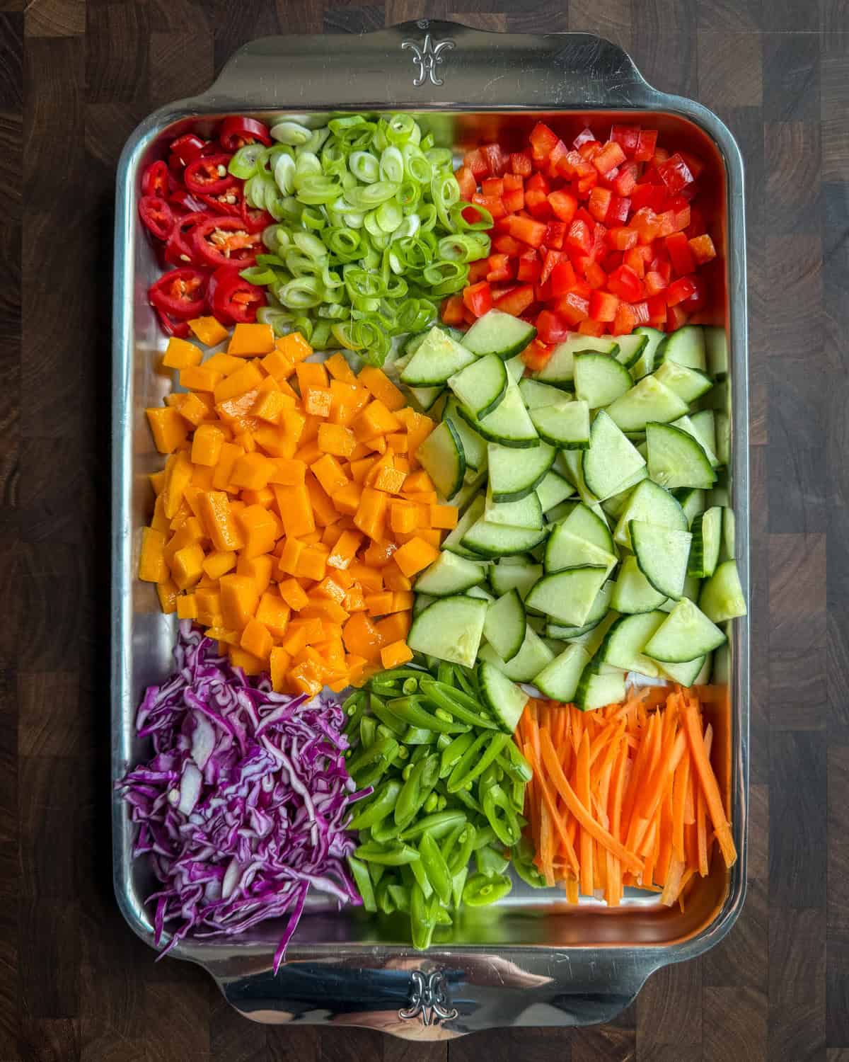 A tray of chopped ingredients for a curried coconut chickpea and mango salad recipe.