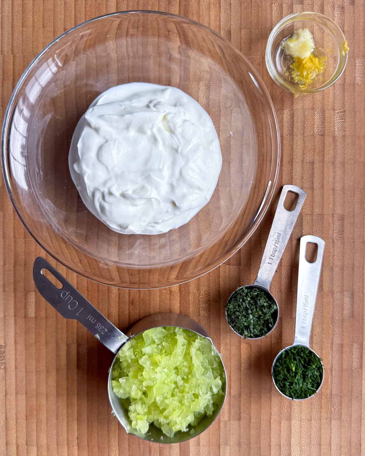 Ingredients for a Zero Wast recipe for an Easy Cucumber Mint Yogurt Dip