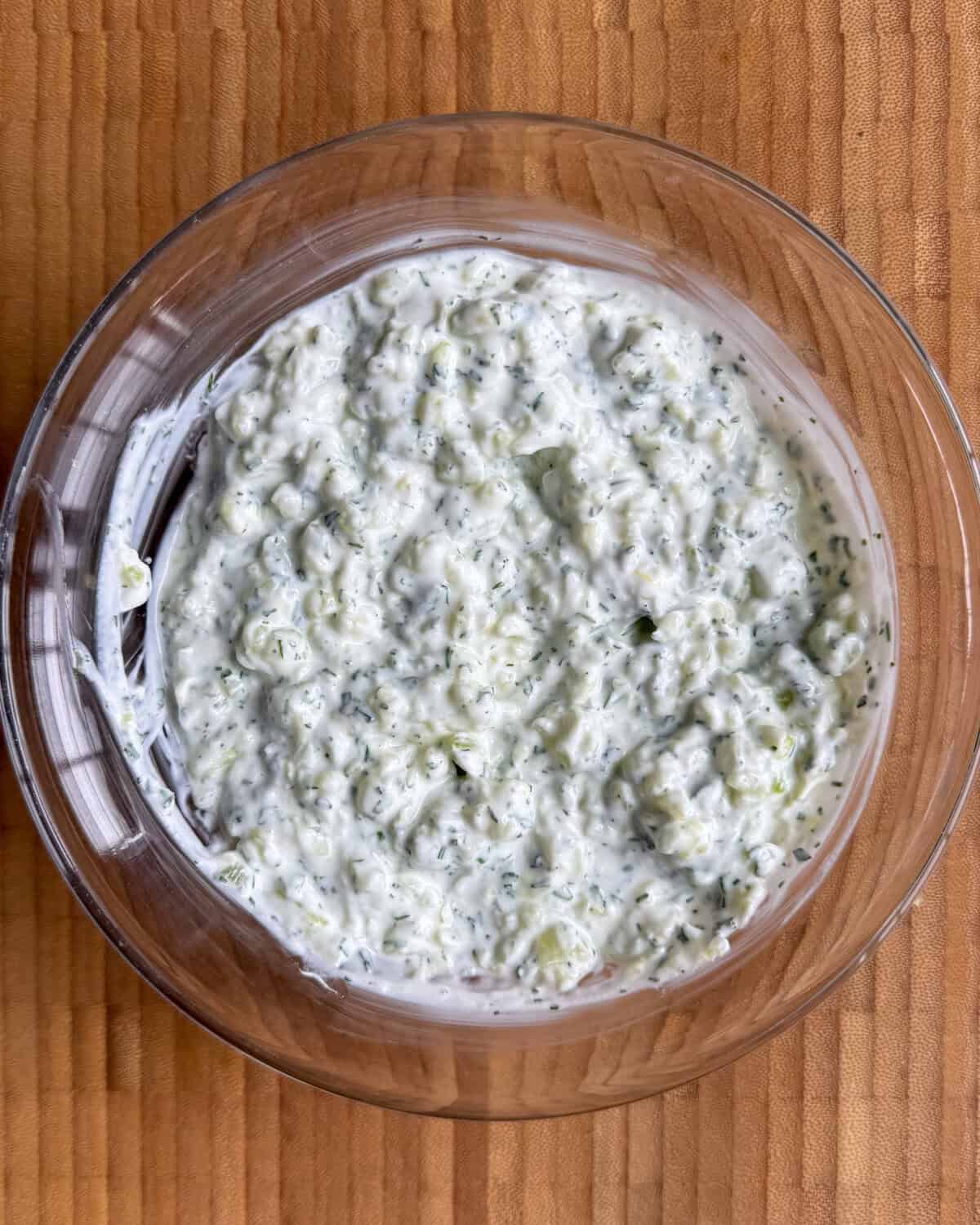A bowl of Cucumber Mint Yogurt Dip.