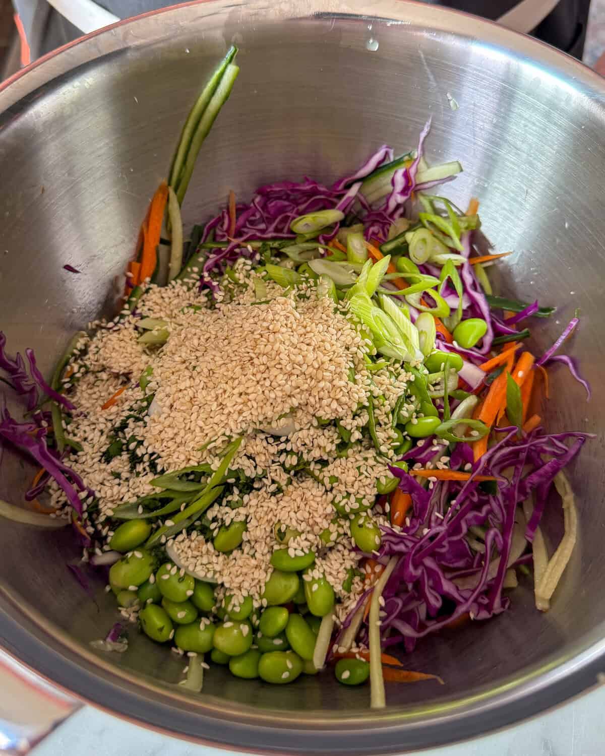 Place the soba salad ingredients in a large bowl and toss.