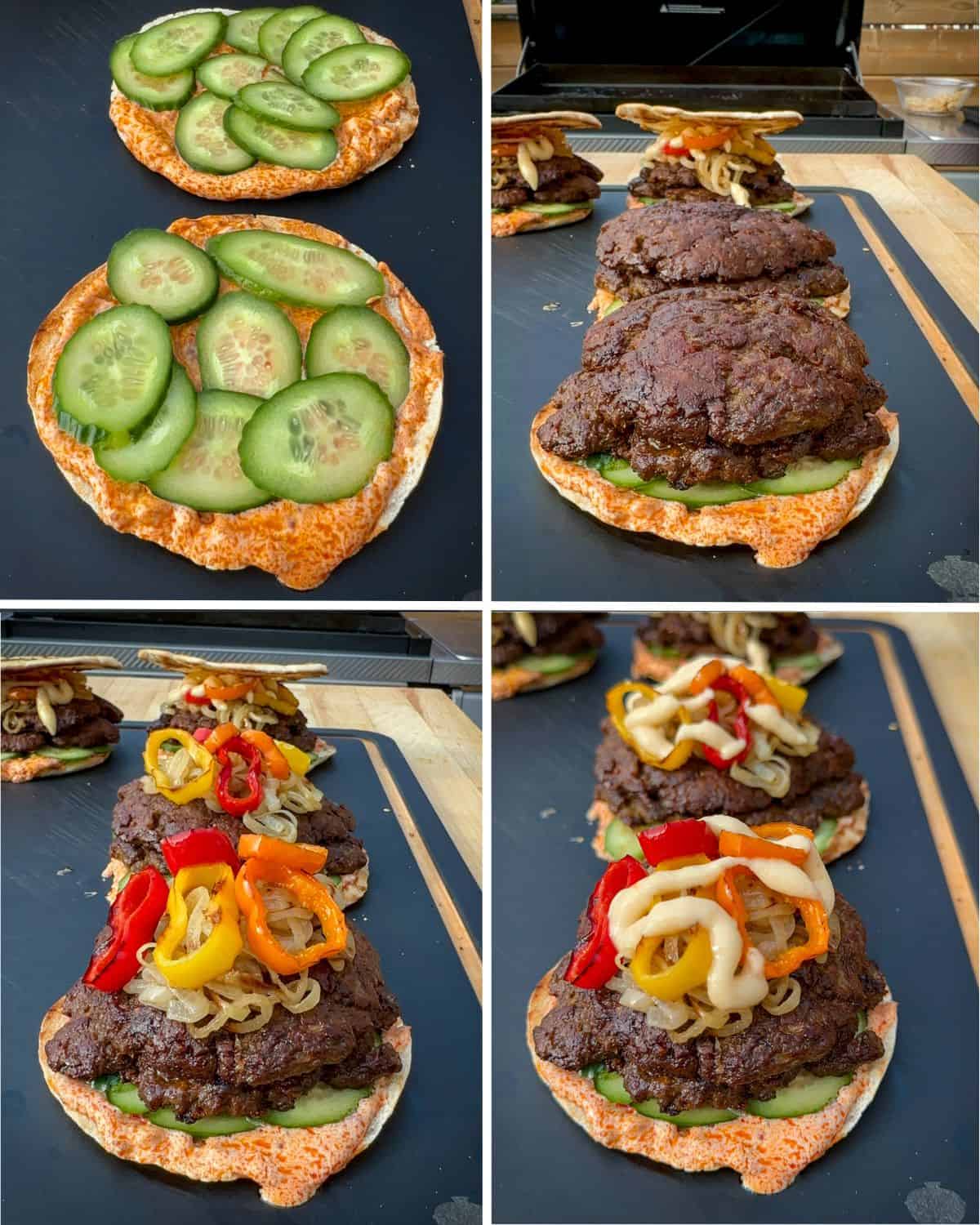 Shows four stages of assembling the lamb smash sliders.