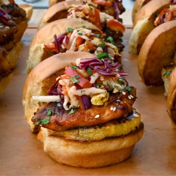 Chicken Teriyaki Sliders with Pickled Asian Slaw and grilled pineapple.