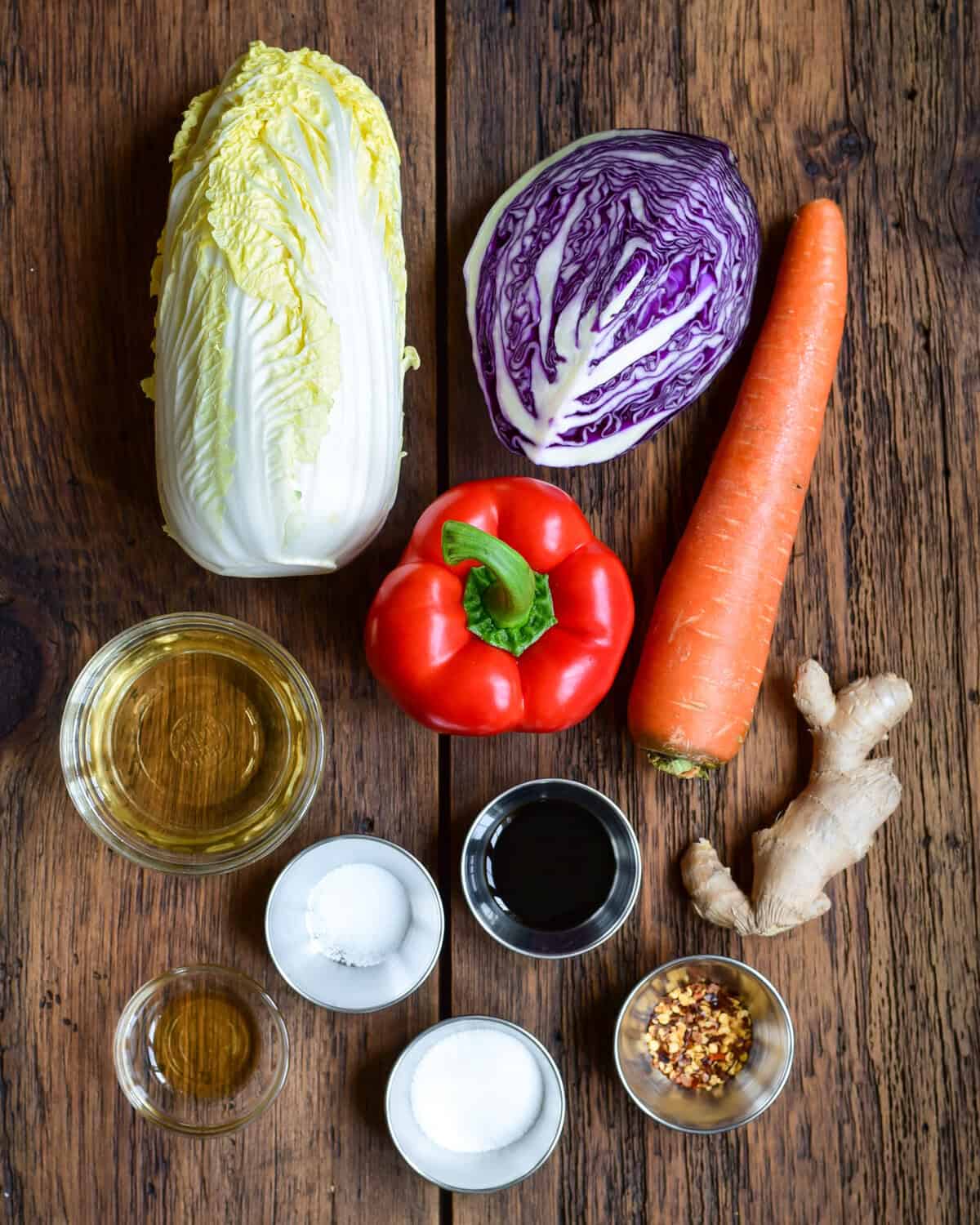 Ingredients for an Asian pickled cabbage slaw recipe.