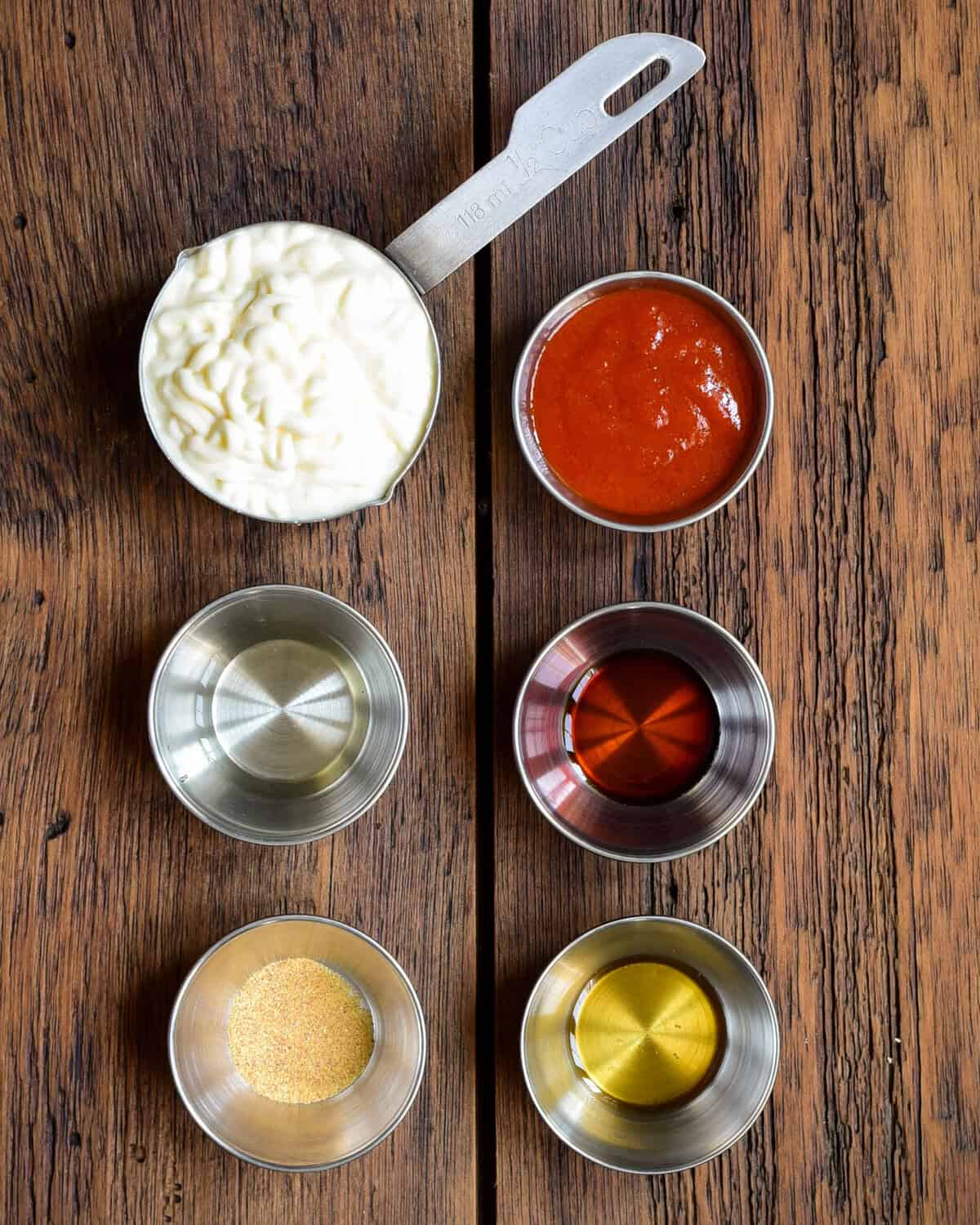 Ingredients for a Sriracha mayo recipe.