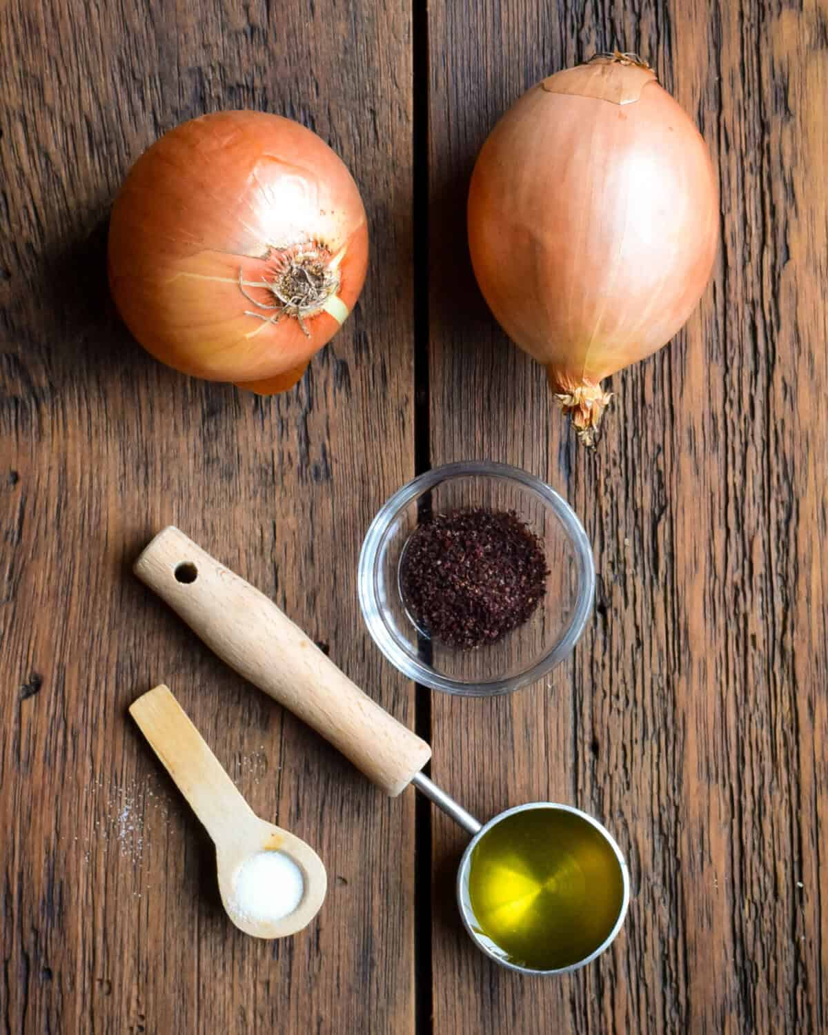 Griddled onion ingredients for a shawarma-spiced lamb smash burger.