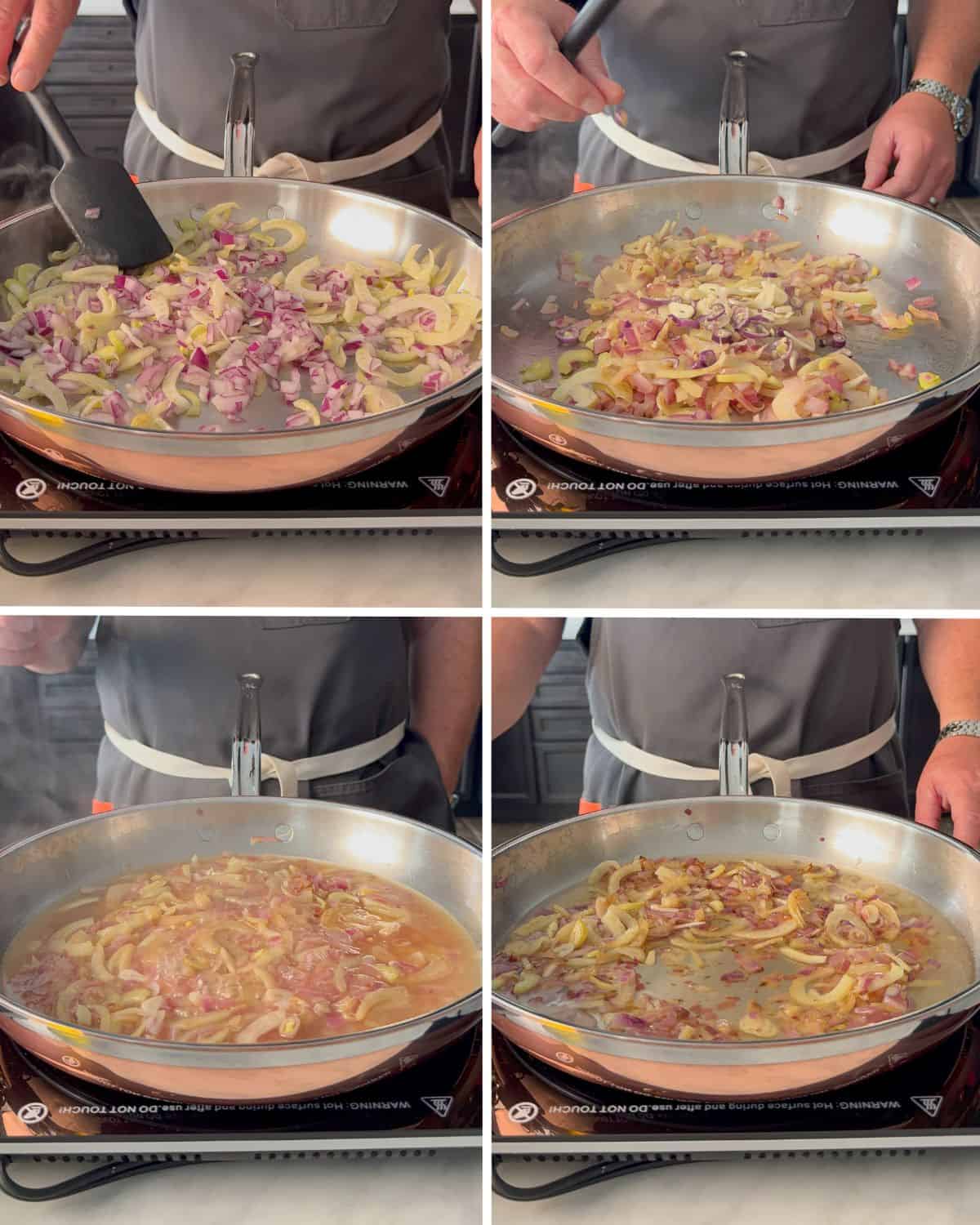Sauté the aromatics and add white wine for the tomato fennel base.