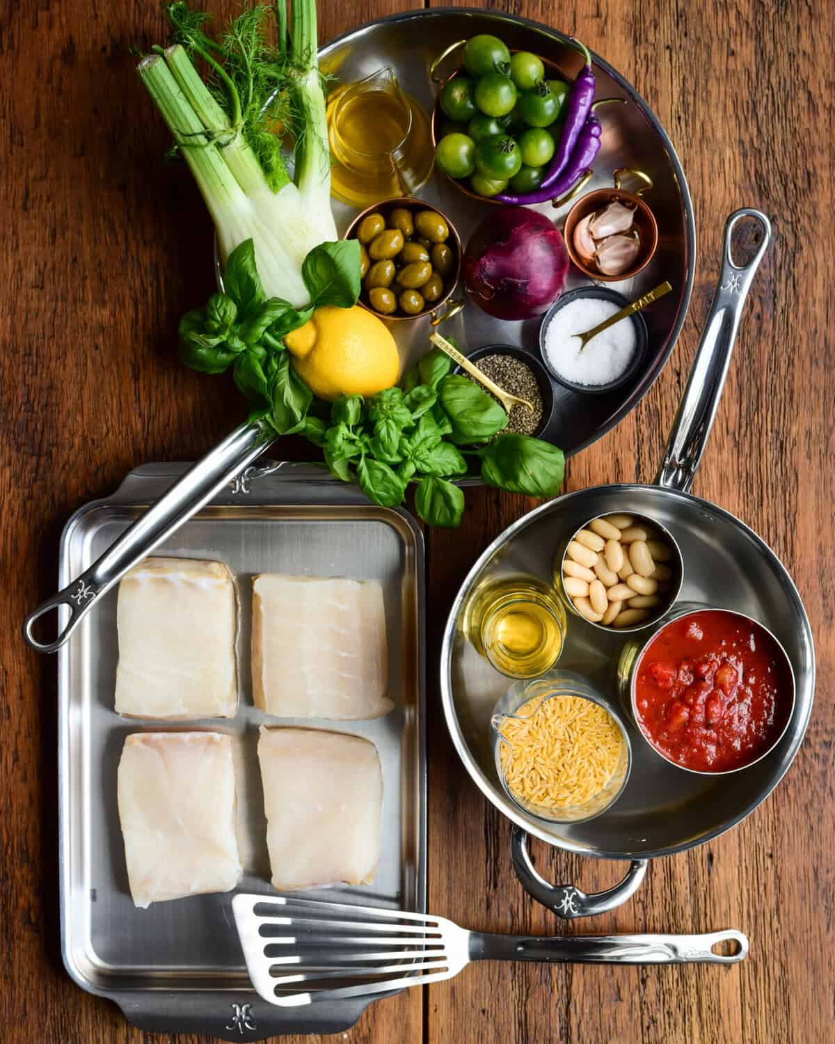 Ingredients for a poached halibut recipe.